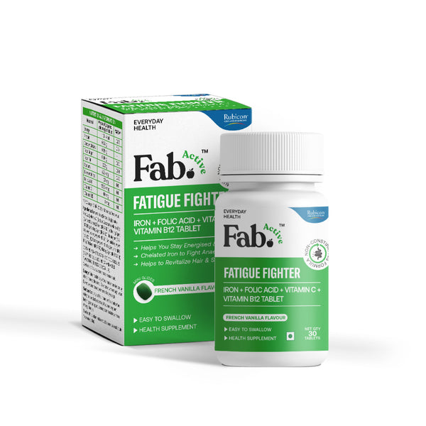 Fab Active Fatigue Fighter | Iron, Folic Acid, Vitamin C & Vitamin B12 Supplement | Supports Haemoglobin, Blood Building, Energy & Immunity | Non-constipating Formula | French Vanilla Flavour-30 Tablet