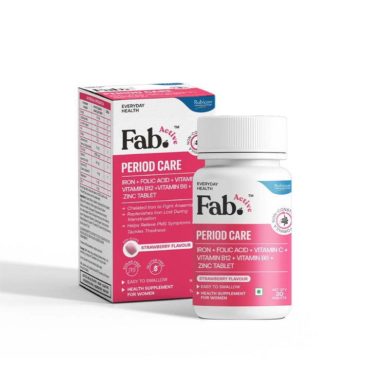 Fab Active Period Care | Iron, Folic Acid, Vitamin C, Vitamin B12, Zinc & Vitamin B6 Supplement | Supports Haemoglobin, Blood Building, Hormonal Balance & Pain Relief | Relieves PMS Symptoms | Non-constipating Formula | Strawberry Flavour 30 Tablet
